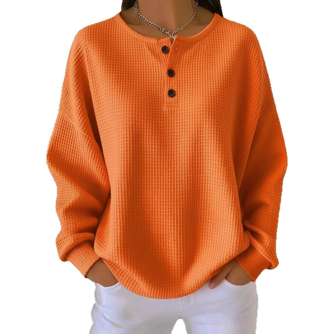 Haut pull à manches longues en tricot gaufré avec boutons, couleur unie, pour femme