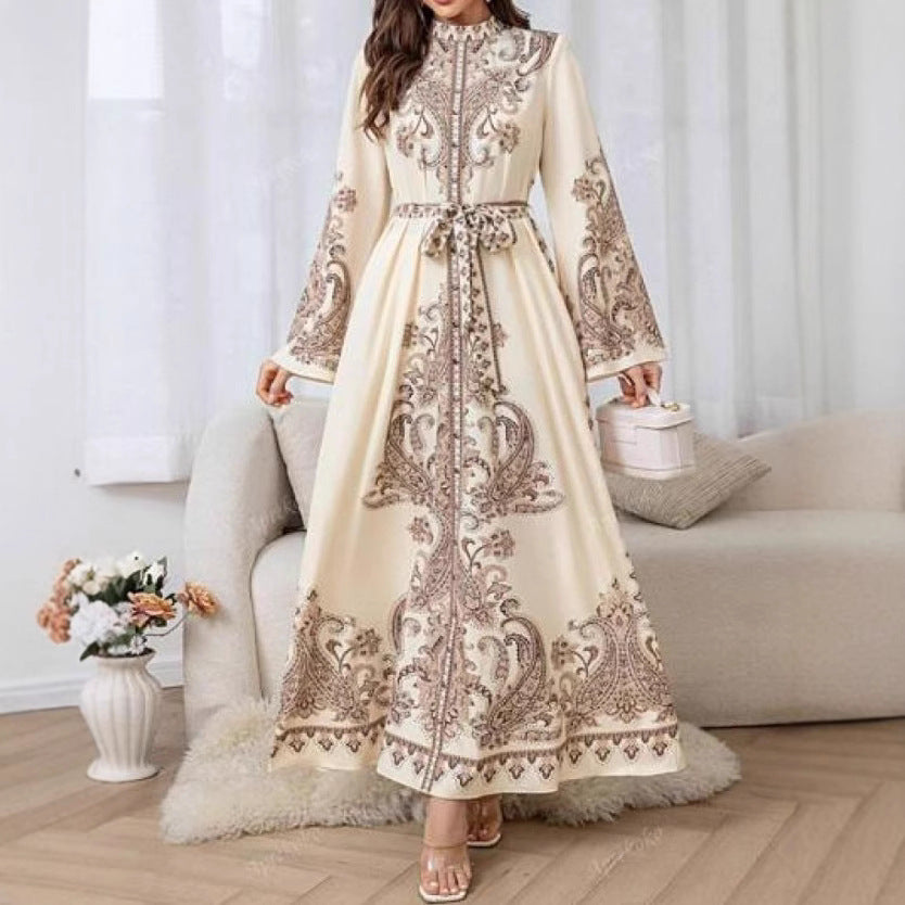 Ivory White Wavy Edge Retro Middle Eastern Lantern Sleeve Dress