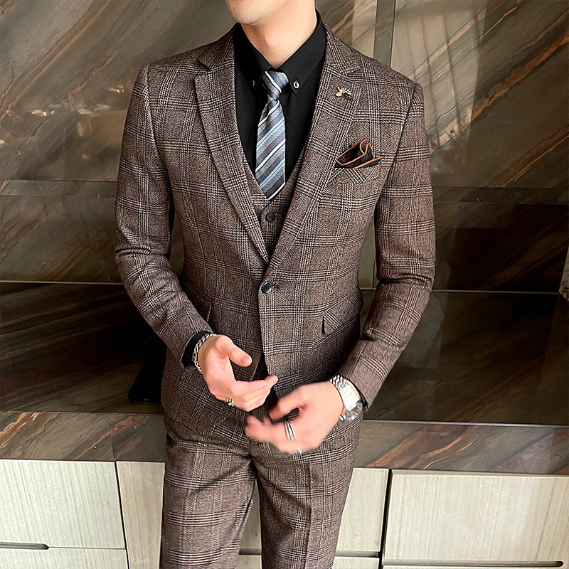 Casual Banquet Three-Piece Suit Set in Brown, Dark Gray & Blue