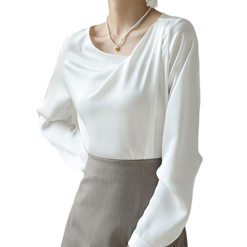 French White Satin Irregular Versatile Shirt Top
