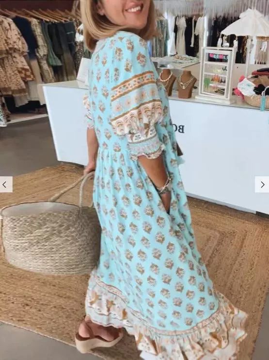 Robe d'été à imprimé bohème et manches lanternes