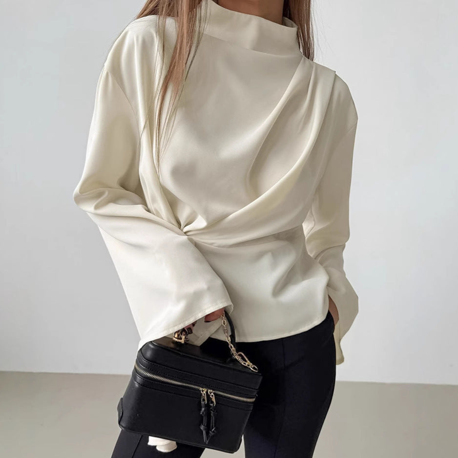 Apricot Chiffon Small Stand Collar Bell Sleeve Pleated Split Shirt