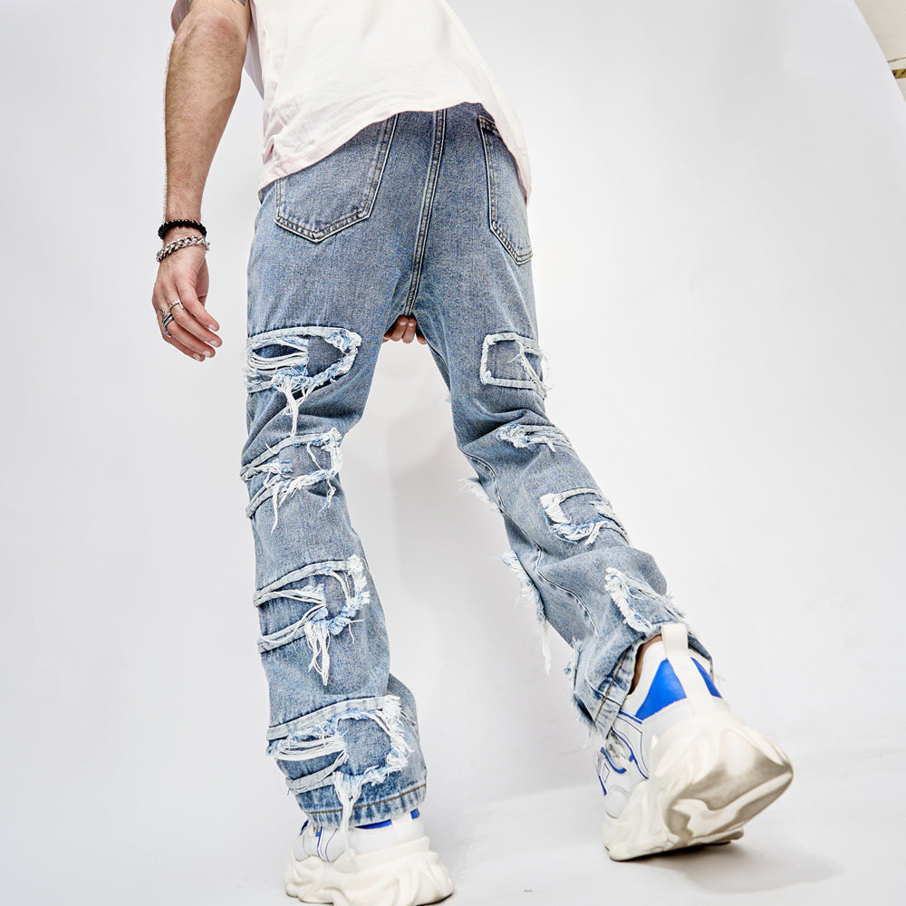 Jean droit homme en coton style hip-hop bleu