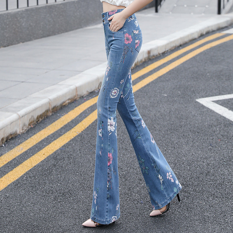 Women's Blue Cotton High-Waist Printed Trousers