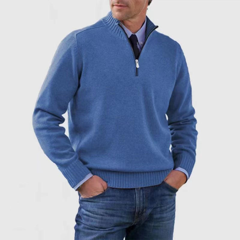 Pull tricoté à col montant zippé à manches longues pour homme, coupe ajustée