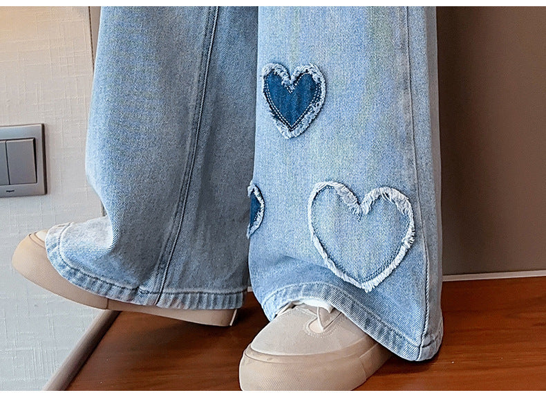 Girls' Blue Raw Edge Denim Wide-Leg Pants