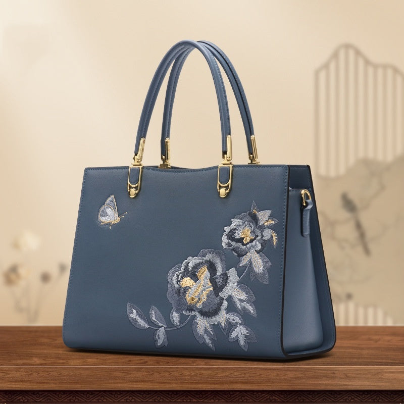 Butterfly Embroidered Large Capacity Leather Diana Bag