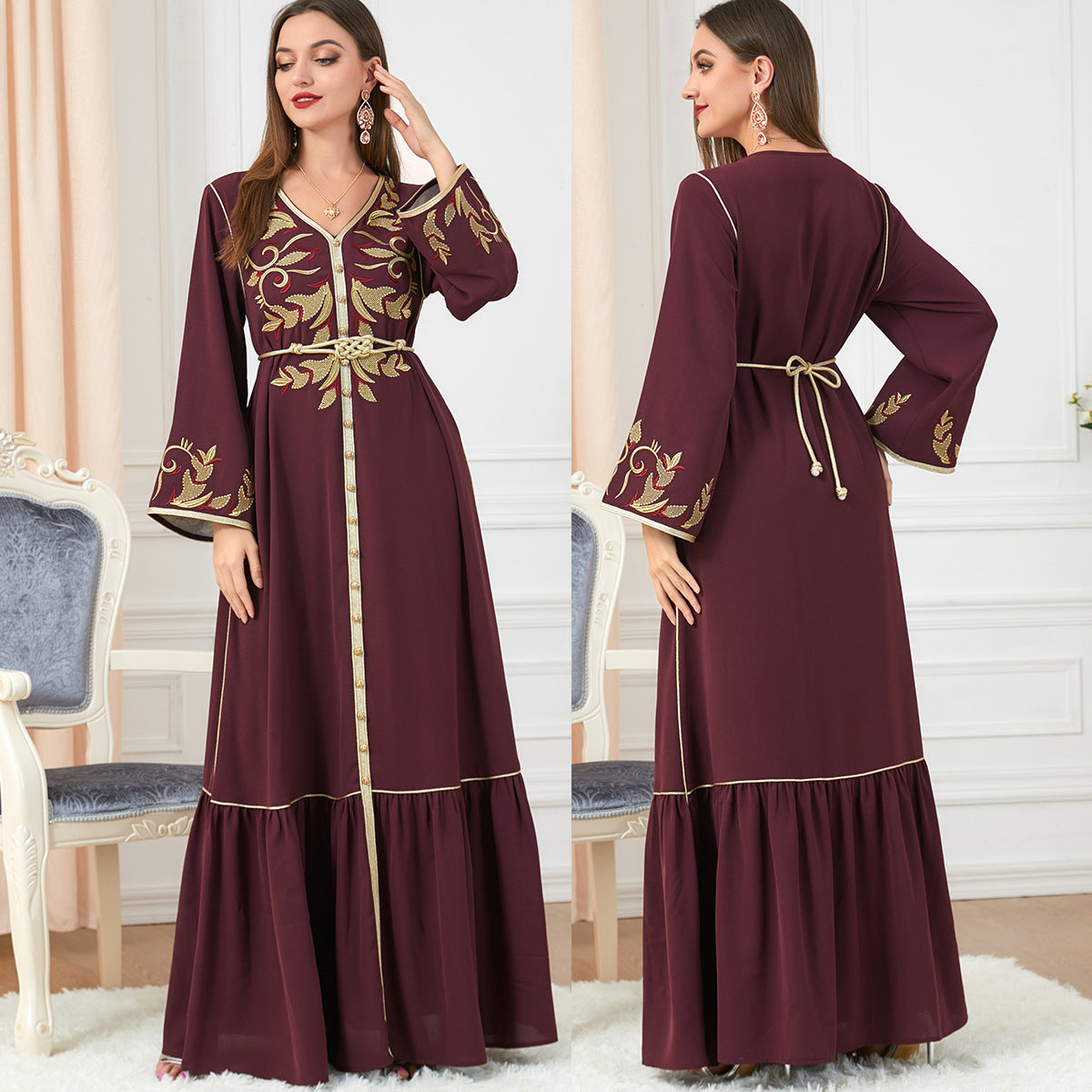 Robe arabe brodée pour femme, col rond, manches longues