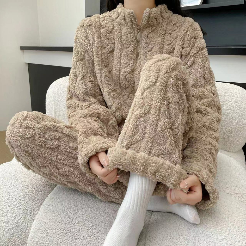 Pyjama Couple Hiver Automne en Polaire Corail Épais avec Fermeture Éclair Torsadée, Tenue d'Intérieur