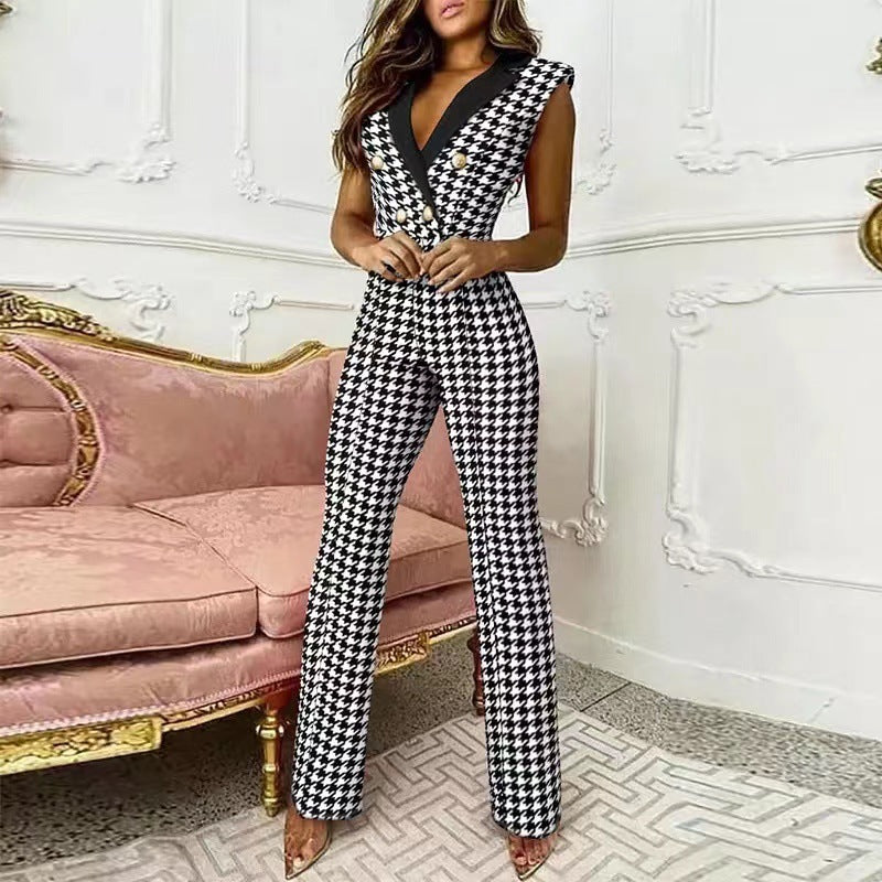 V-Neck Houndstooth Sleeveless Jumpsuit for Women Professional Wear