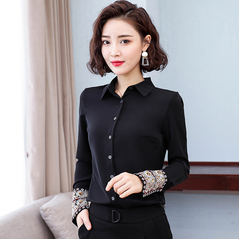 Chemisier en mousseline brodé blanc à manches longues pour femme style chinois