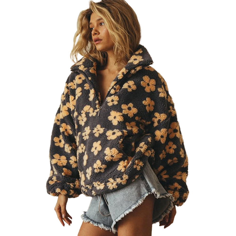 Sweat-shirt pull en agneau avec fermeture éclair et grande poche motif fleurs d'hiver
