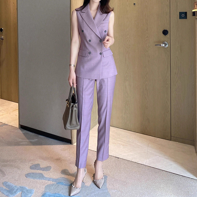 Women's Slim Fit Cropped Pants Suit in Taro Purple Polyester