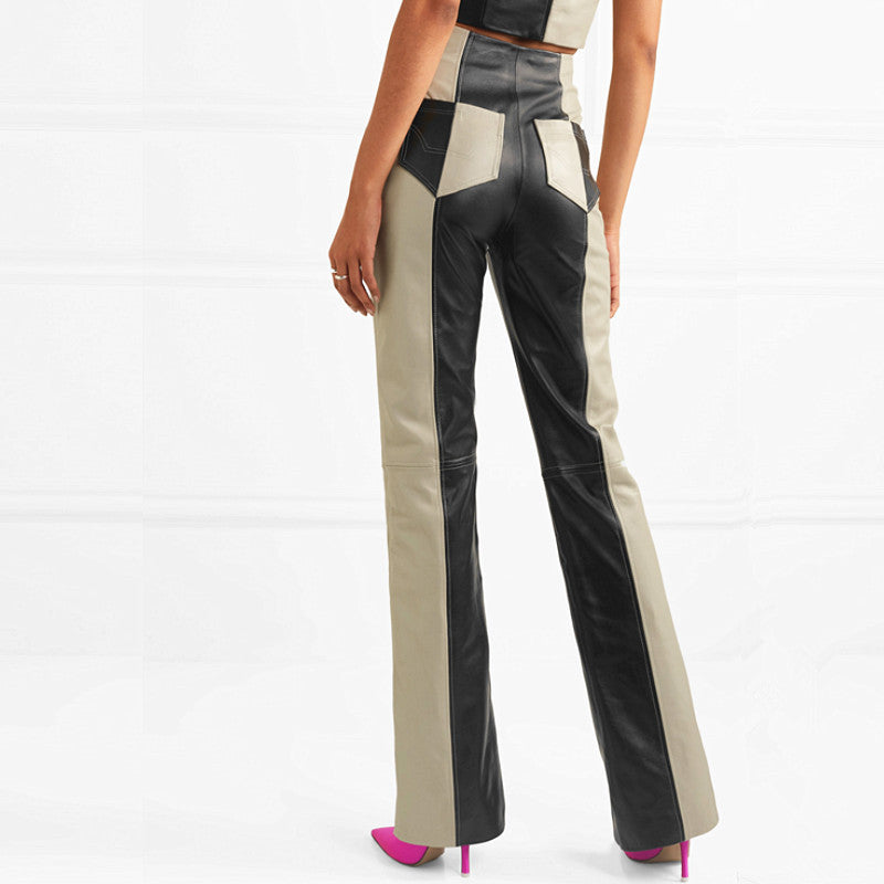 High Waist Slim Two-Tone Patchwork PU Leather Pants