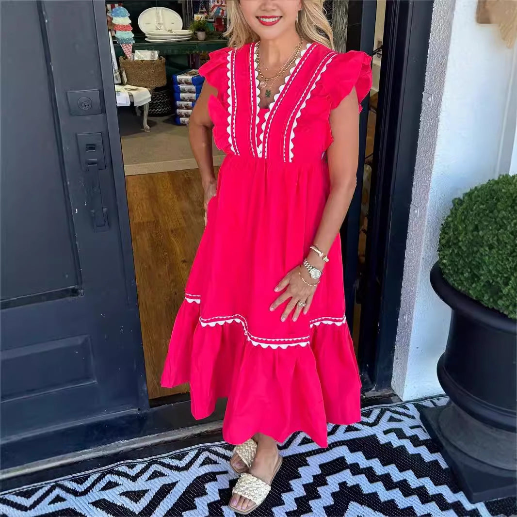 Robe sans manches à volants et patchwork de dentelle pour femmes