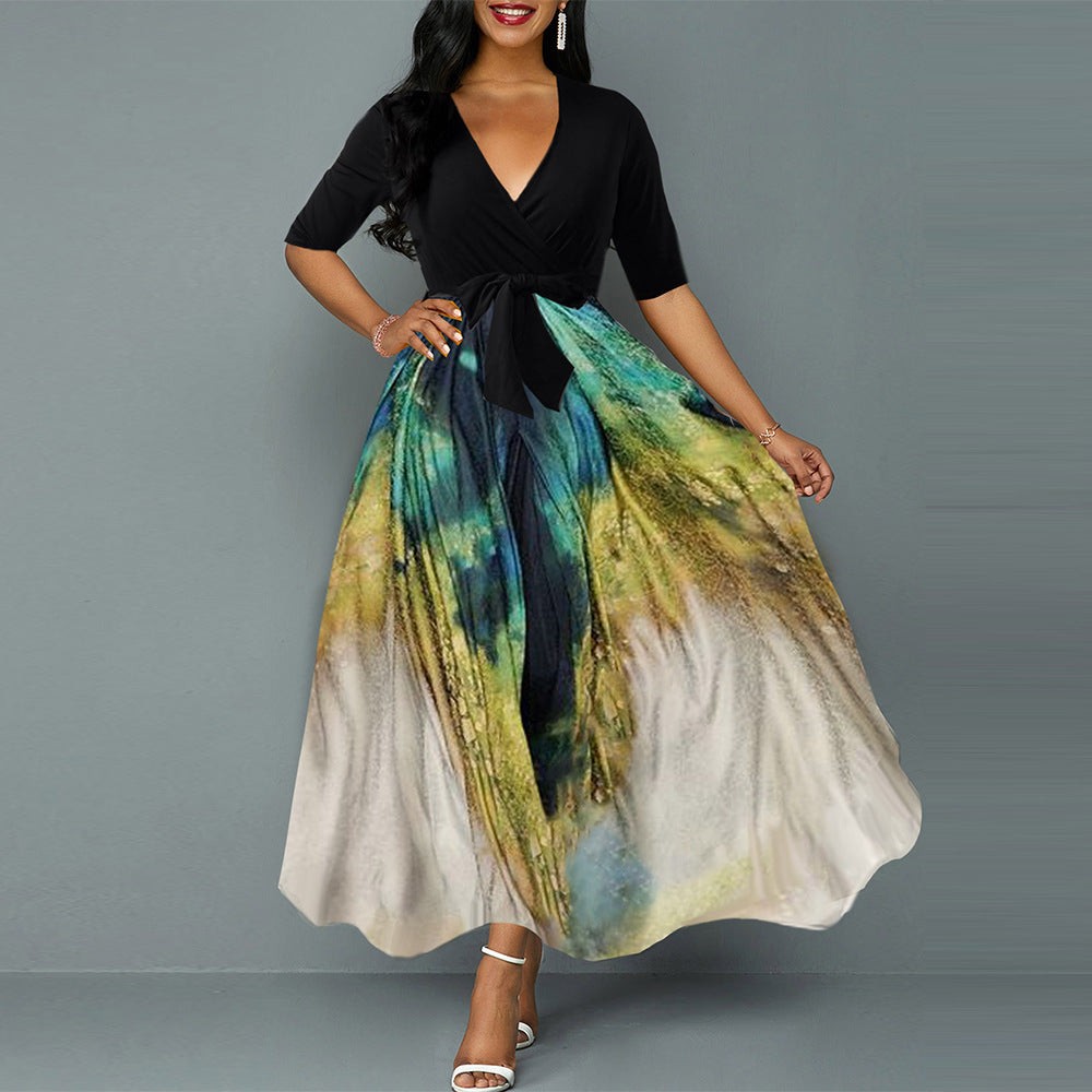 Robe d'été en mousseline de soie noire imprimé paon pour femme