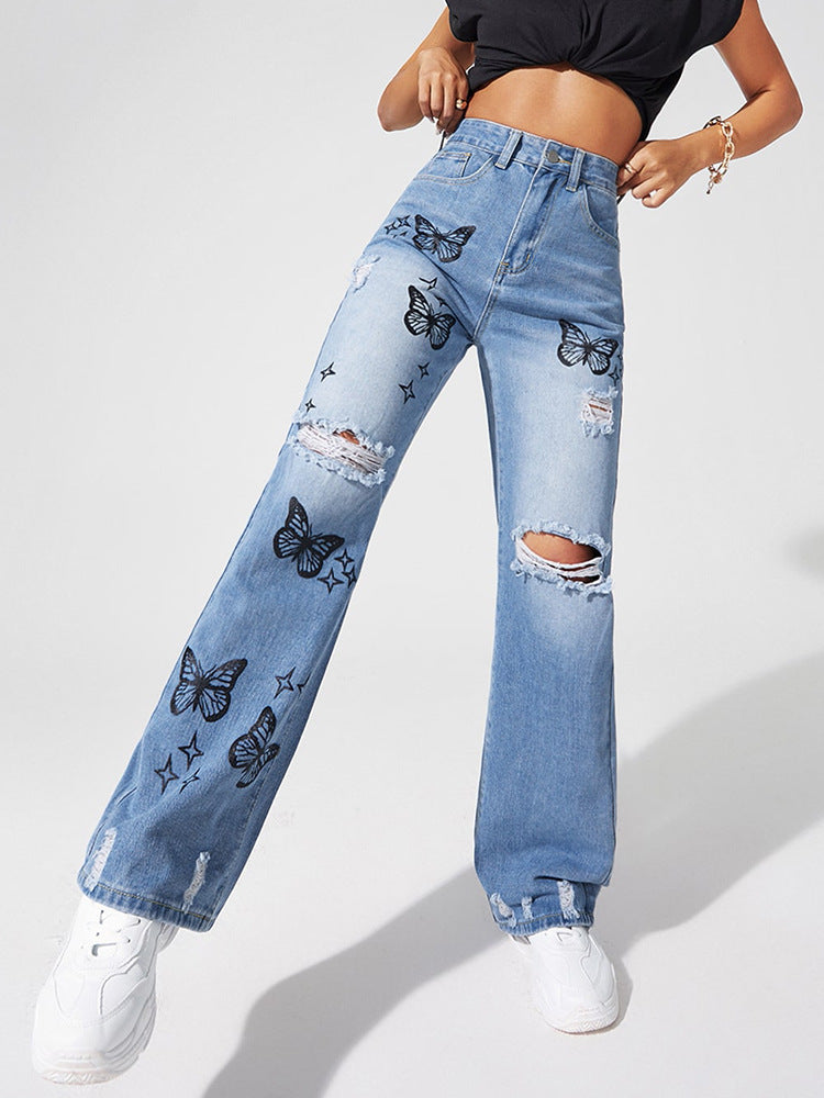 Jeans Femme Taille Haute Jean Large Droit Bleu Clair
