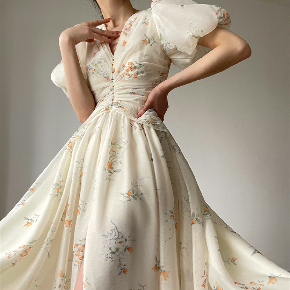 Women's French Fashion Primrose Freesia Floral V-Neck Dress
