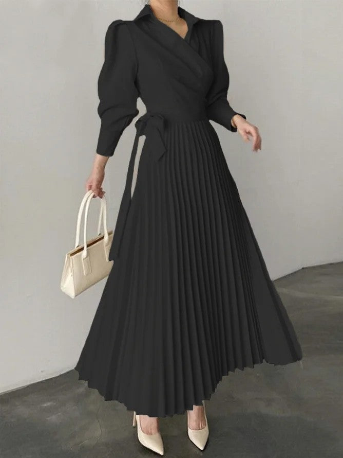 Women's Mid-Waist Pleated Dress with Belt – Apricot, Black, Skin Color, S-XL