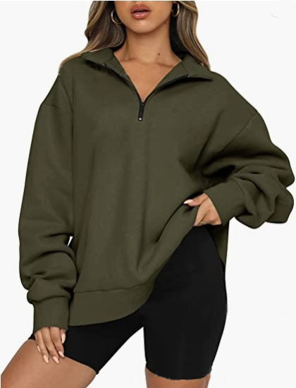 Sweat-shirt zippé femme à col rabattu – Haut pull ample et décontracté