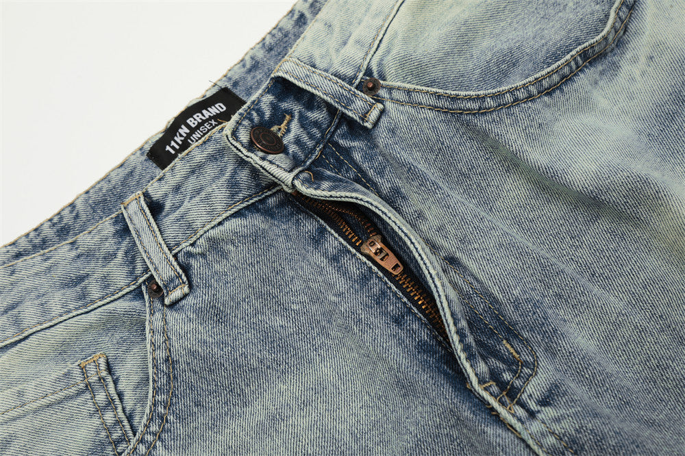 Men's Mid Waist Blue Washed Denim Trousers Ripped Jeans