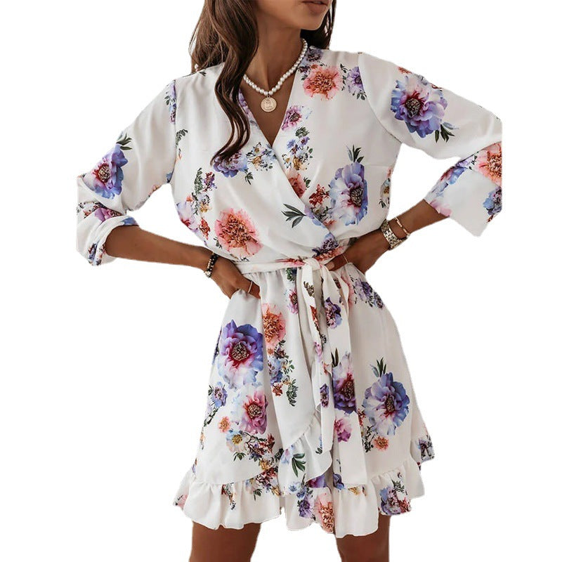 Irregular Ruffled Printed Dress Women