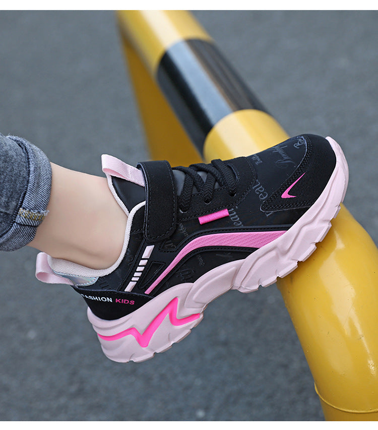 Baskets décontractées en cuir imperméable pour filles – Rose et noir, Tailles 27-40