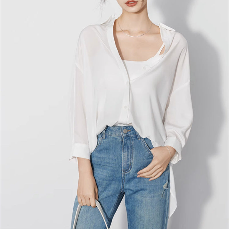 French Romantic White Lace-Up Openwork Blouse for Women