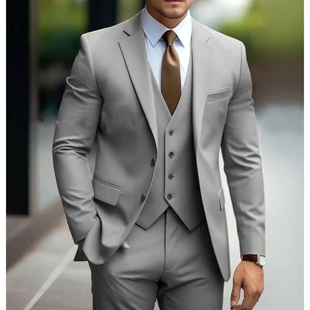 Men's Business Casual Slim Fit Three-Piece Suit Cotton Blend