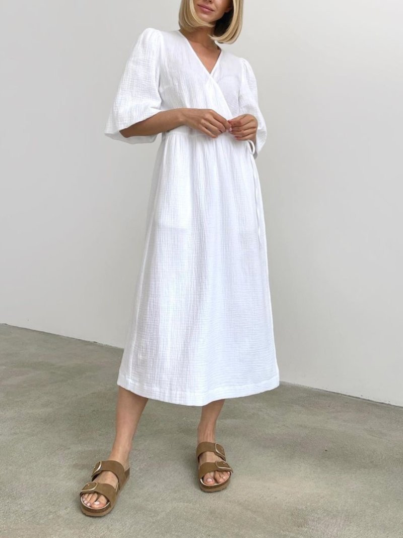Sweet Atmosphere Solid Color Cotton Dress with Puff Sleeves