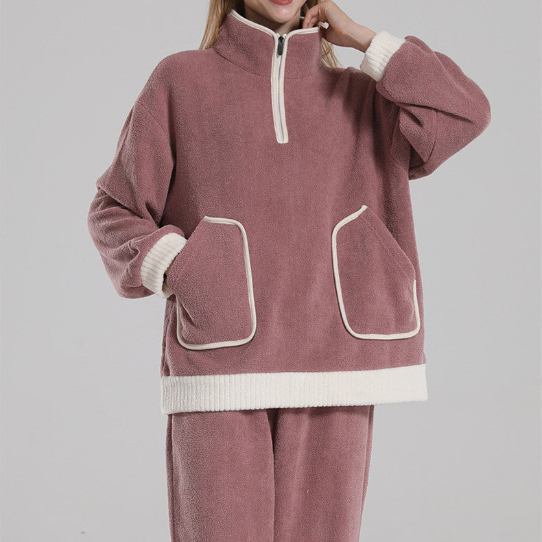Pyjama de couple chaud en velours de waxberry rouge rosé et bleu marine