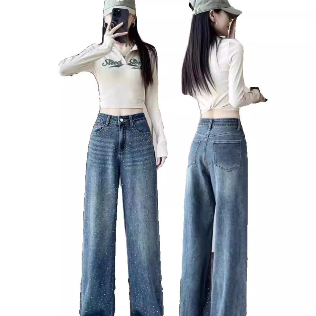 Jean en denim taille haute à jambes larges avec strass