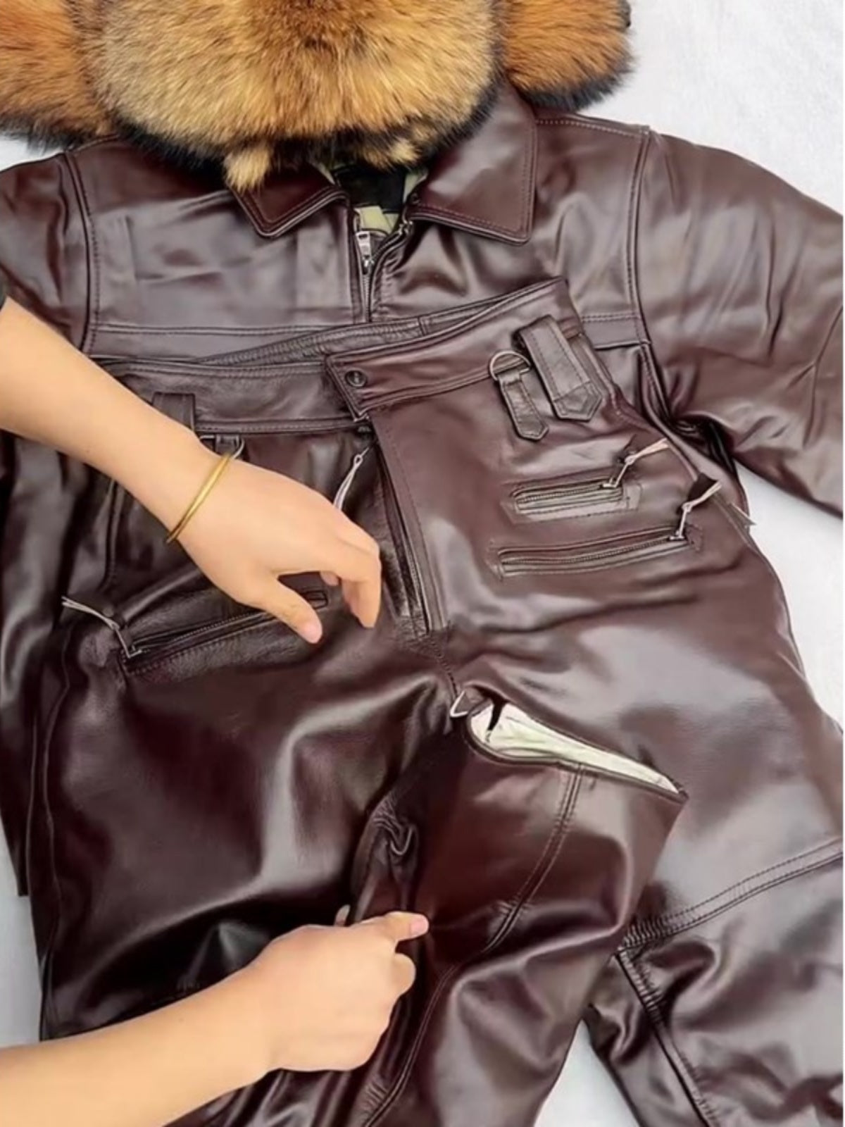 Brown With Velvet Leather Pants Loose Slimming