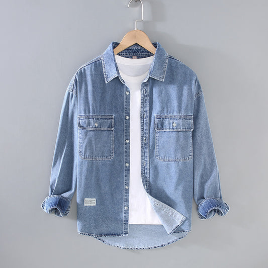 Retro Rewash Double Bag Men's Long Sleeve Light Color Denim Shirt