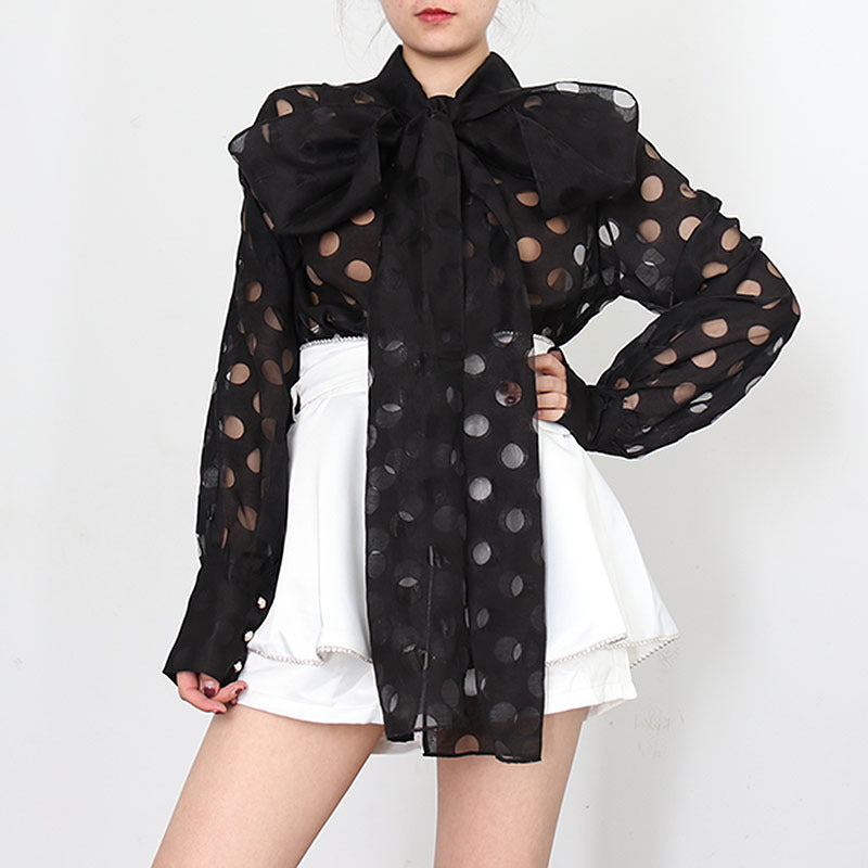 Women's Design Sense Lantern Sleeve Polka Dot Long Sleeve Shirt