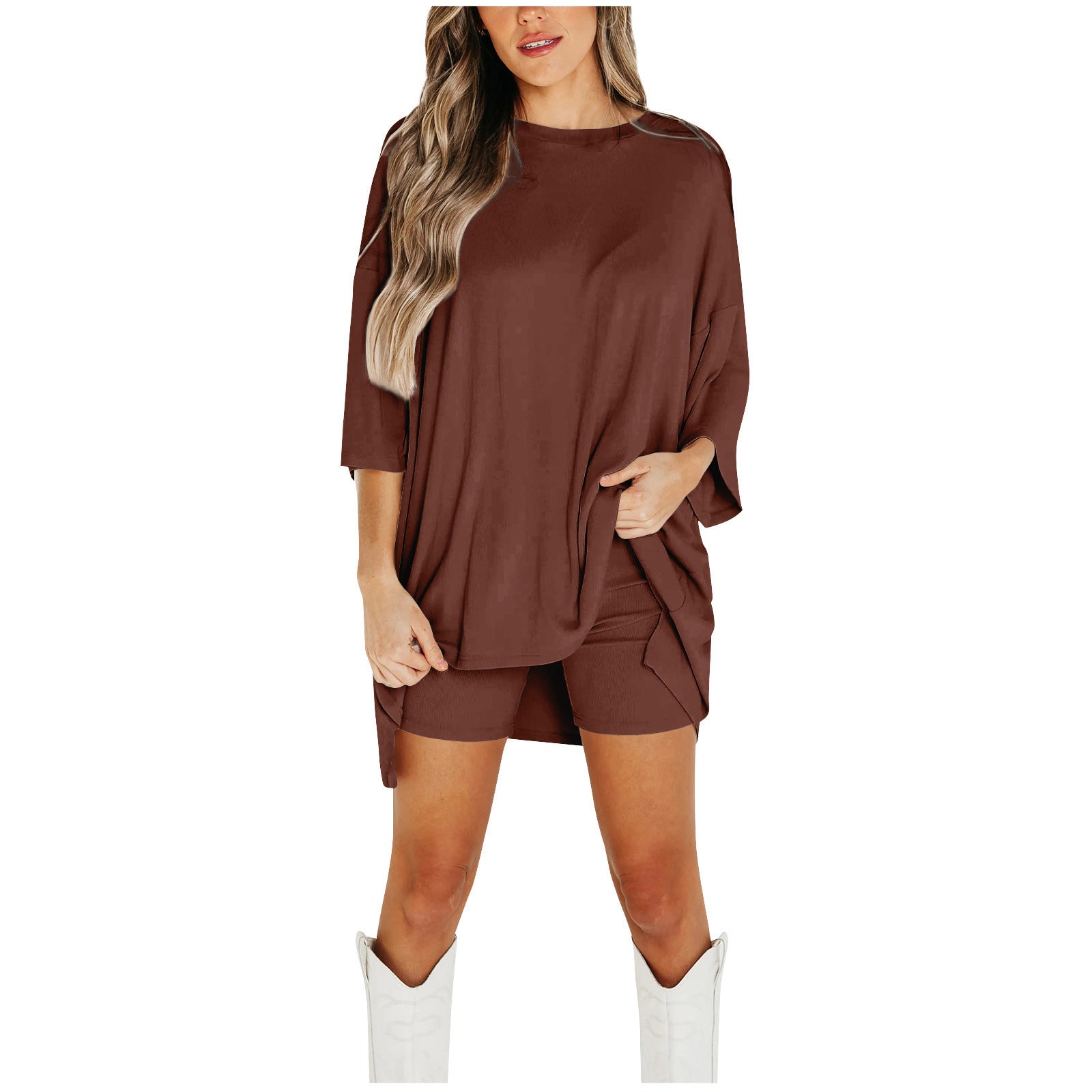 Ensemble short d'été pour femme, T-shirt ample à manches chauve-souris et pantalon slim