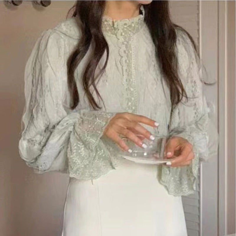 Elegant Lace Puff Sleeve Stand Collar Shirt Women