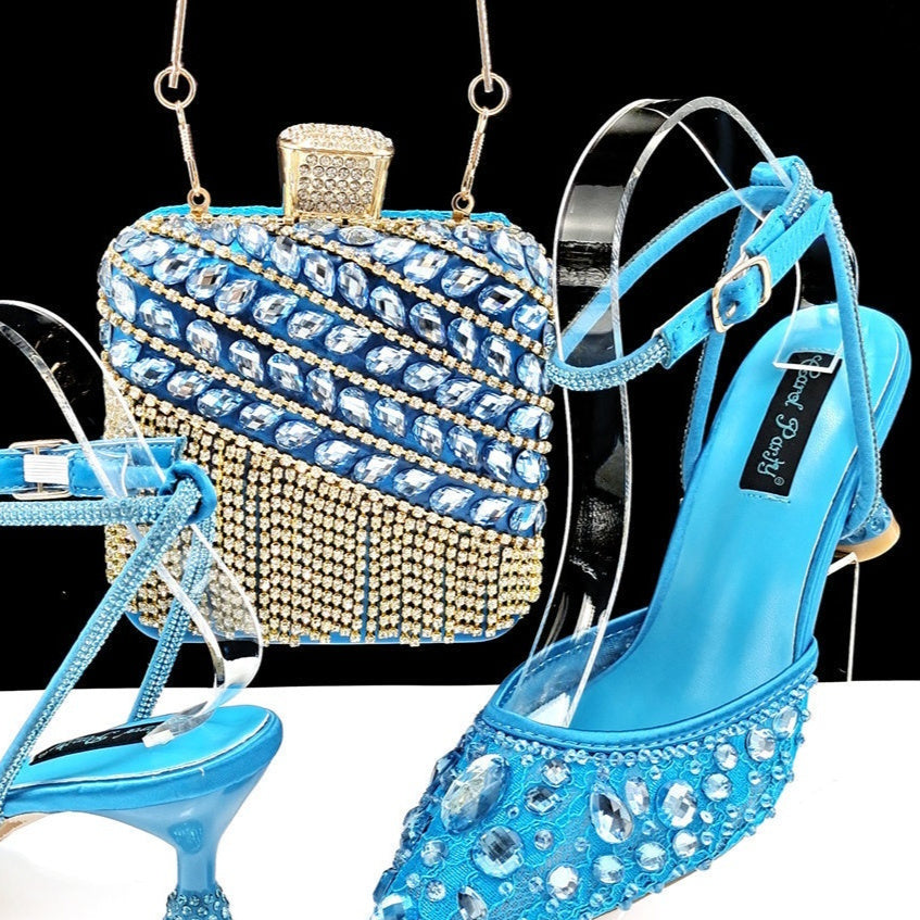Ensemble de sandales à talons hauts et de sac à main à pompon 3D avec grands strass