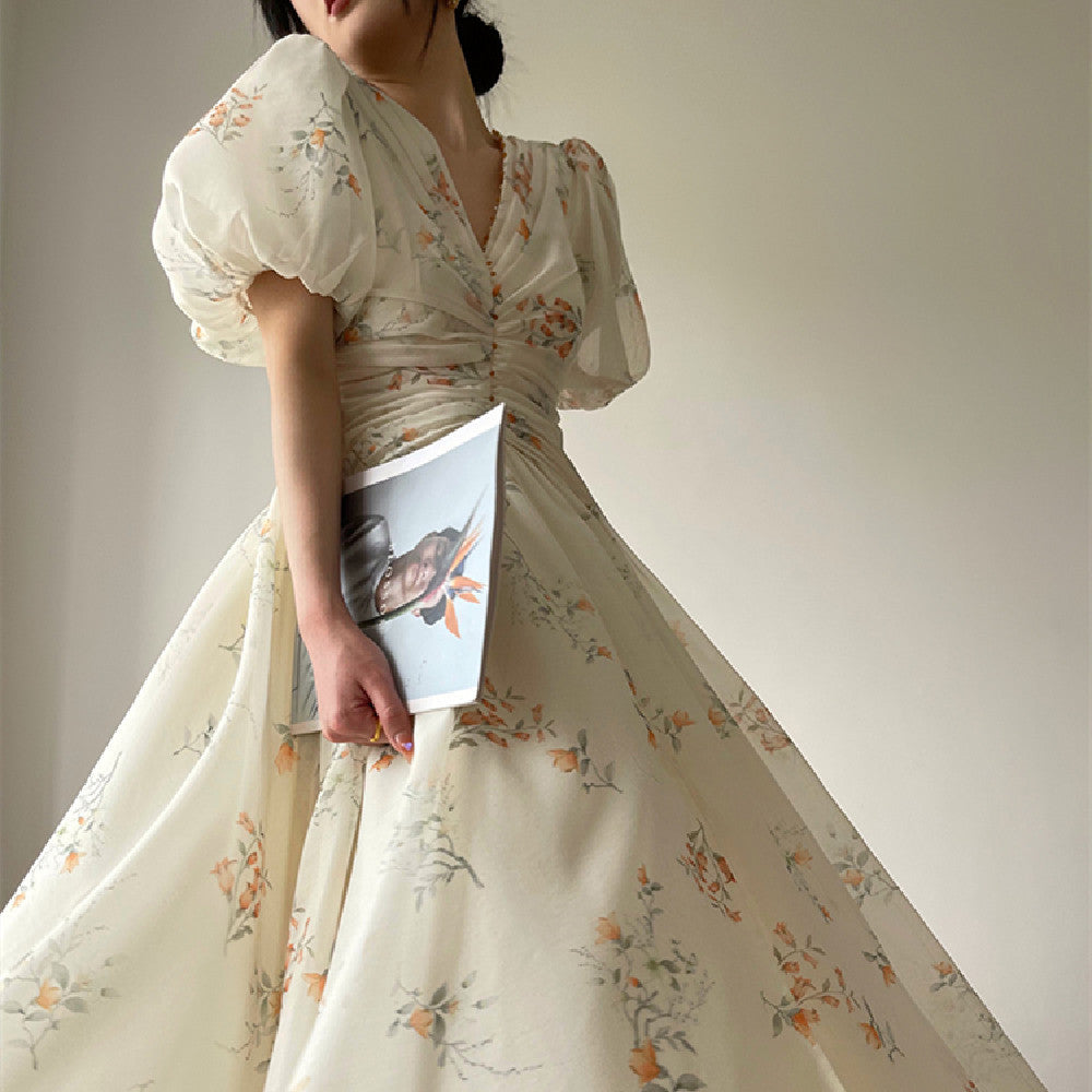 Women's French Fashion Primrose Freesia Floral V-Neck Dress