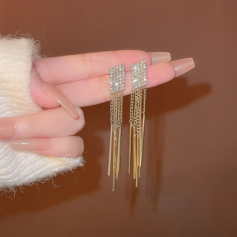 Silver Needle Exquisite Full Diamond Long Fringe Earrings