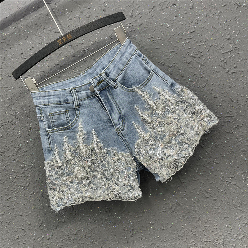 Beaded Western Style Light Blue Denim Shorts for Women