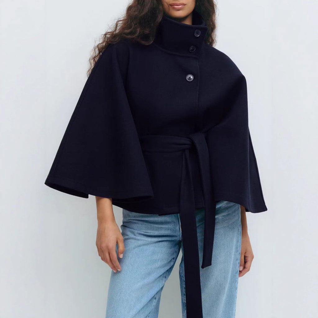 Trench-coat d'hiver pour femme avec ceinture, col montant et boutons, couleur unie