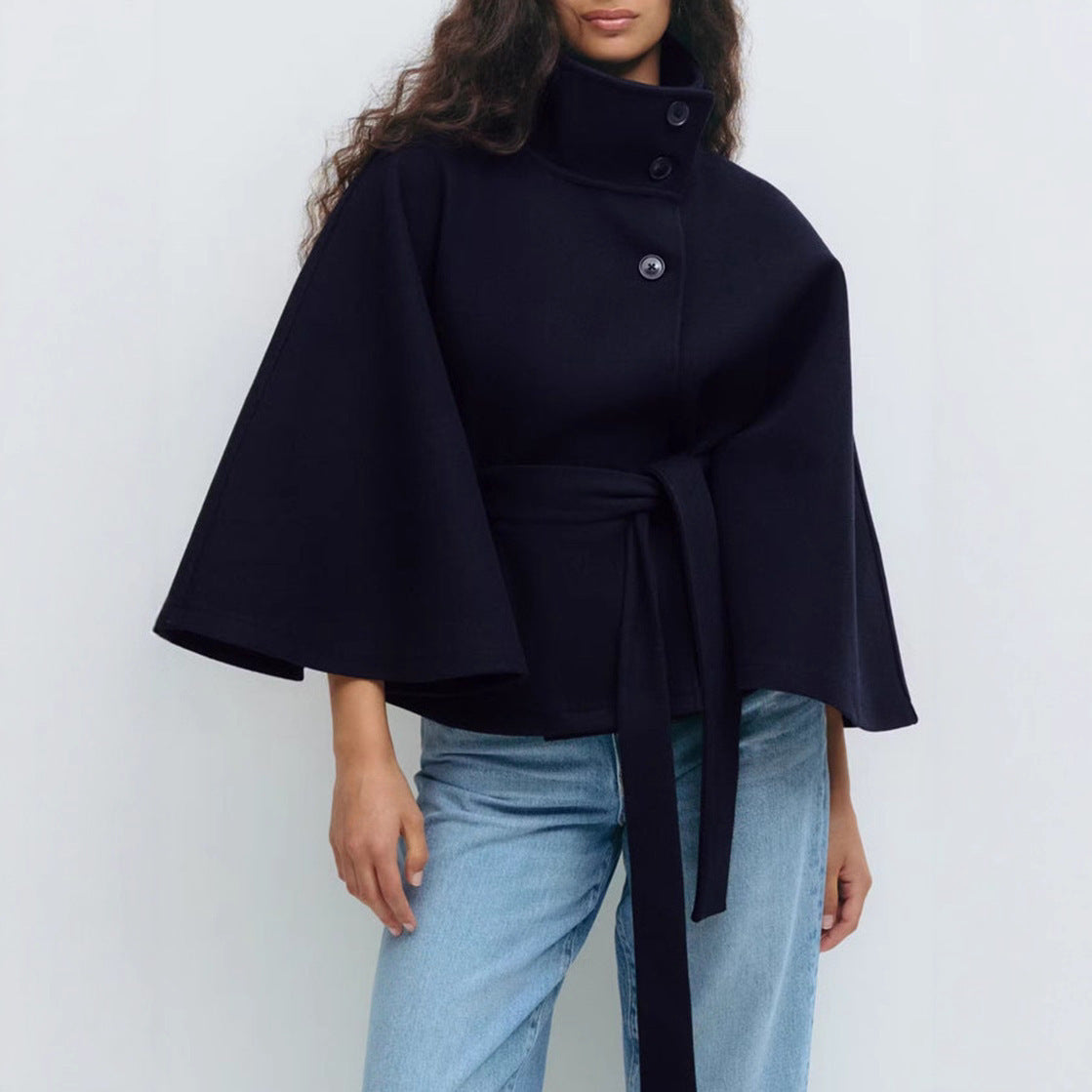 Women's Autumn And Winter Solid Color Cloak Stand Collar Button Belt Trench Coat