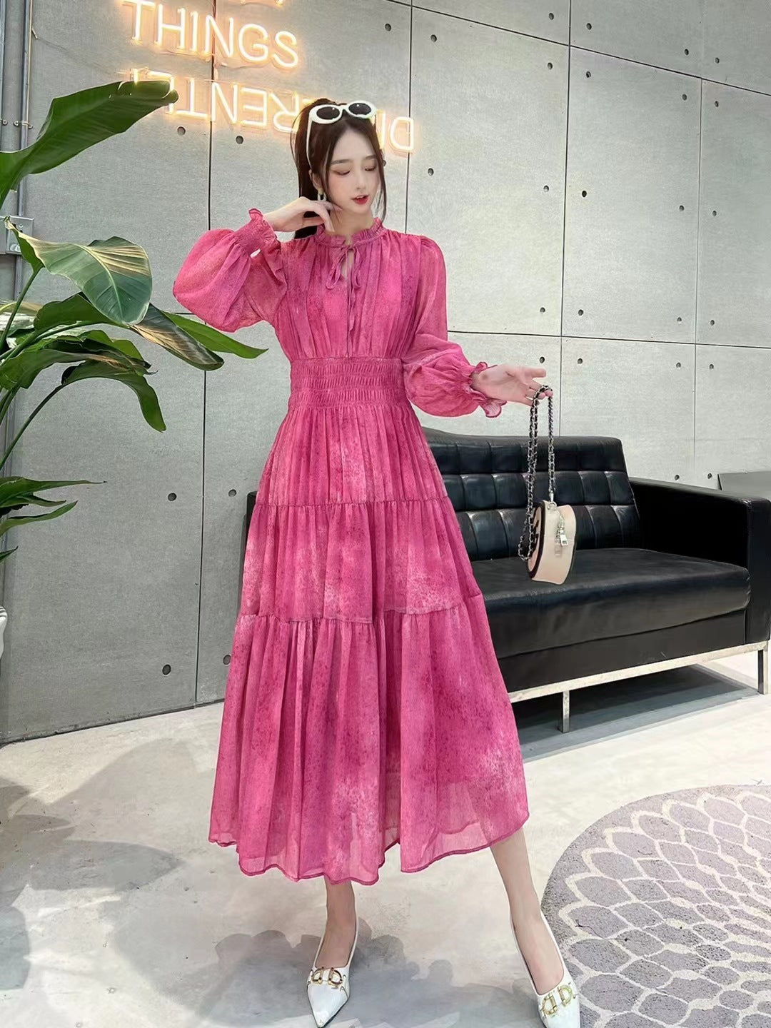 Robe de thé en mousseline élégante française mi-longue à manches bouffantes