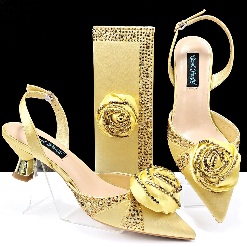 Handmade Satin High Heels & Bags Set with Flower Decoration