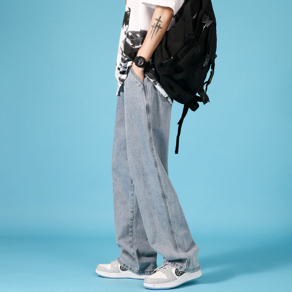 Jeans droits amples pour hommes avec fermeture éclair - Bleu clair, Noir, Bleu, Gris anthracite
