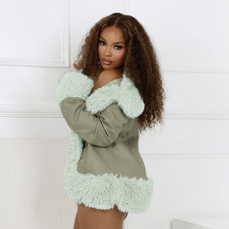 Leather Fur Collar Cardigan & Short Skirt Set for Women in Green & Rose Red