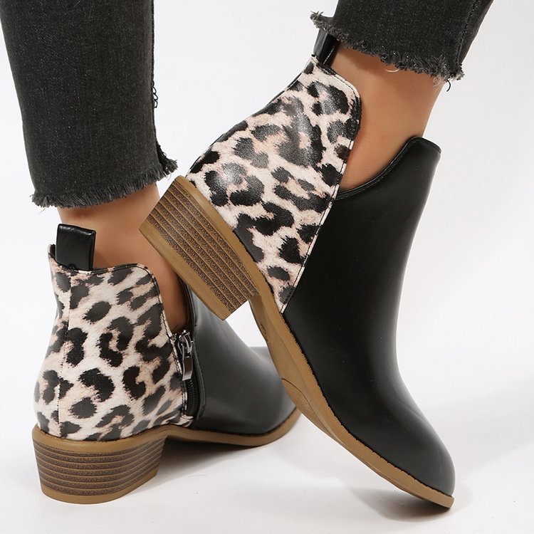 Plus Size Black Leopard Print Leather Martin Boots