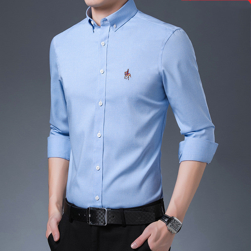 Men's Long-sleeved Bamboo Fiber Solid Color Fine Grid Stretch Business Slim Shirt