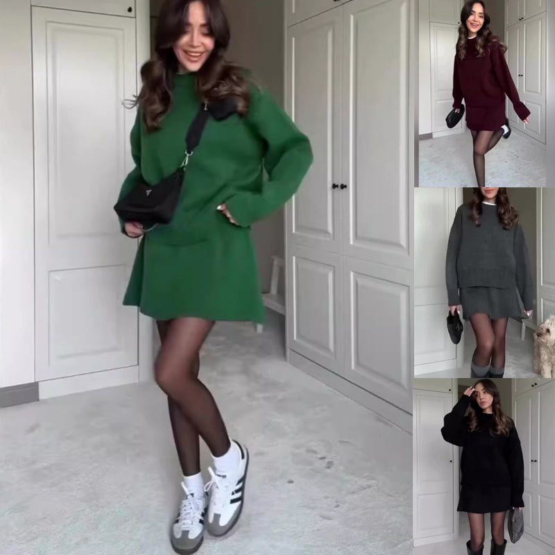 Women’s 2-Piece Knit Sweater Set Long Sleeve Pullover & High Waist Mini Skirt
